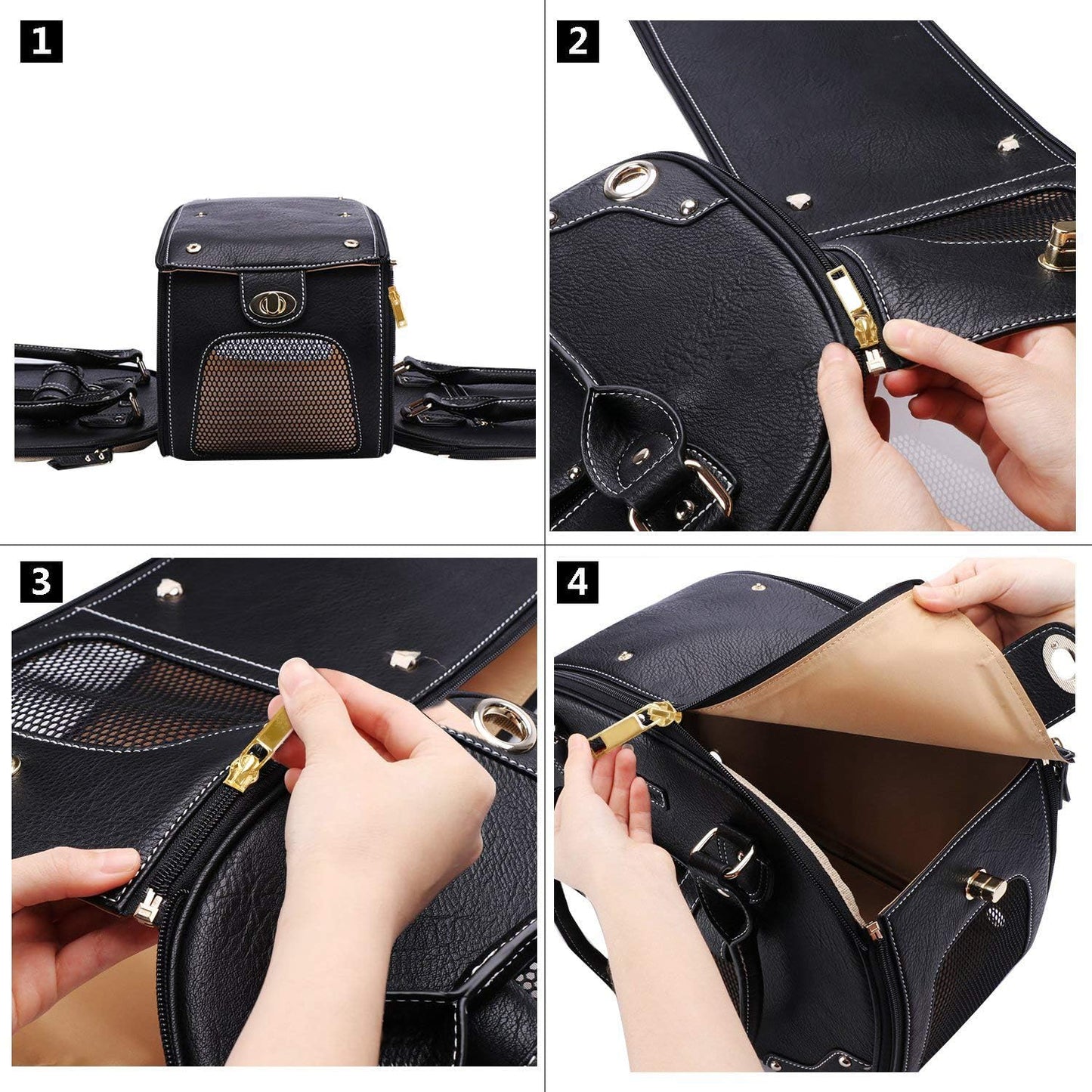 Stylish Foldable Dog Carrier Purse - Waterproof Premium PU Leather Pet Travel Bag for Cats & Small Dogs - Perfect for Home & Outdoor Use - Sleek Black Design