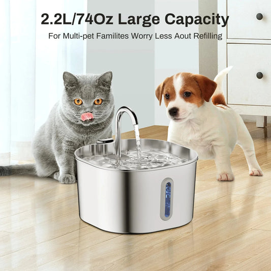 Zyfeeder 2.2L Automatic Cat Water Fountain Square Stainless Steel Pet Water Feeder Dog Water Fountain with Window(No 5V 1A Plug)