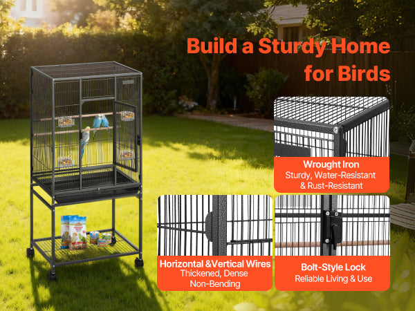 Spacious Wrought Iron Habitat with Rolling Stand for Parrots, Cockatiels & Small Birds