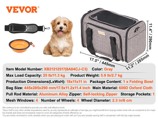 Airline-Approved Wheeled Carrier with Telescopic Handle for Cats & Small Dogs