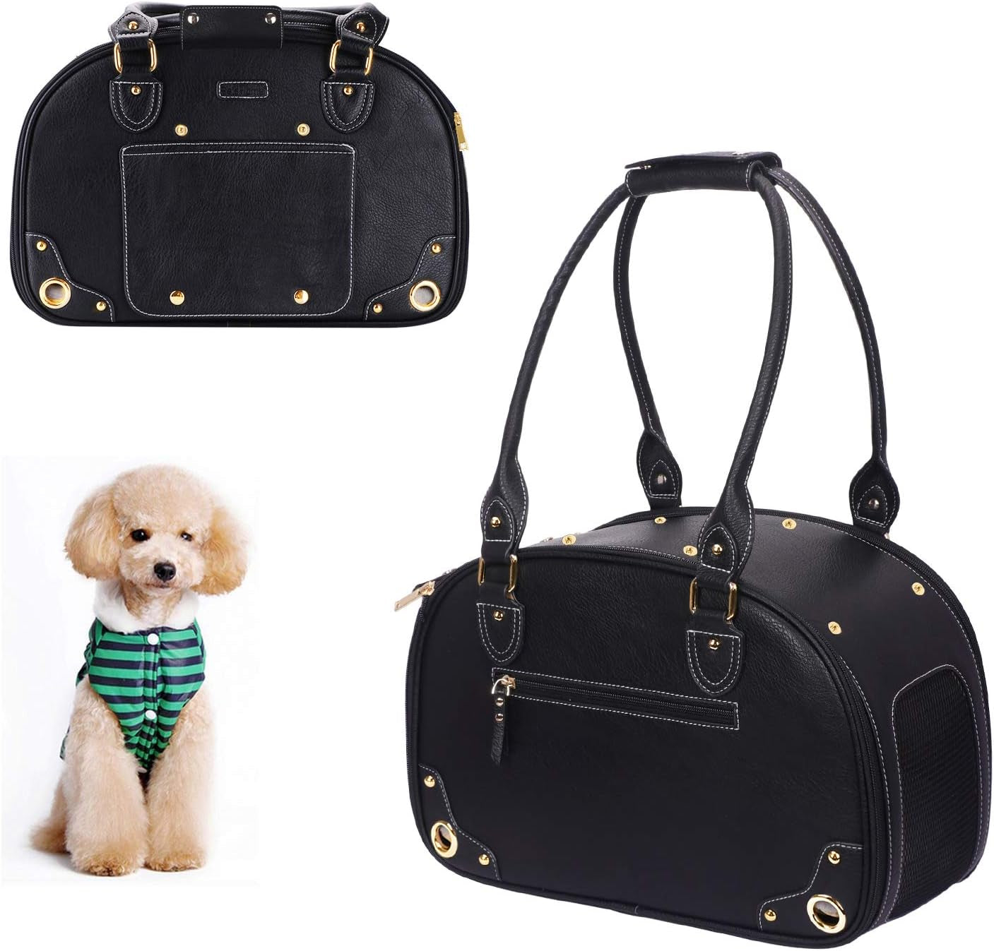 Stylish Foldable Dog Carrier Purse - Waterproof Premium PU Leather Pet Travel Bag for Cats & Small Dogs - Perfect for Home & Outdoor Use - Sleek Black Design