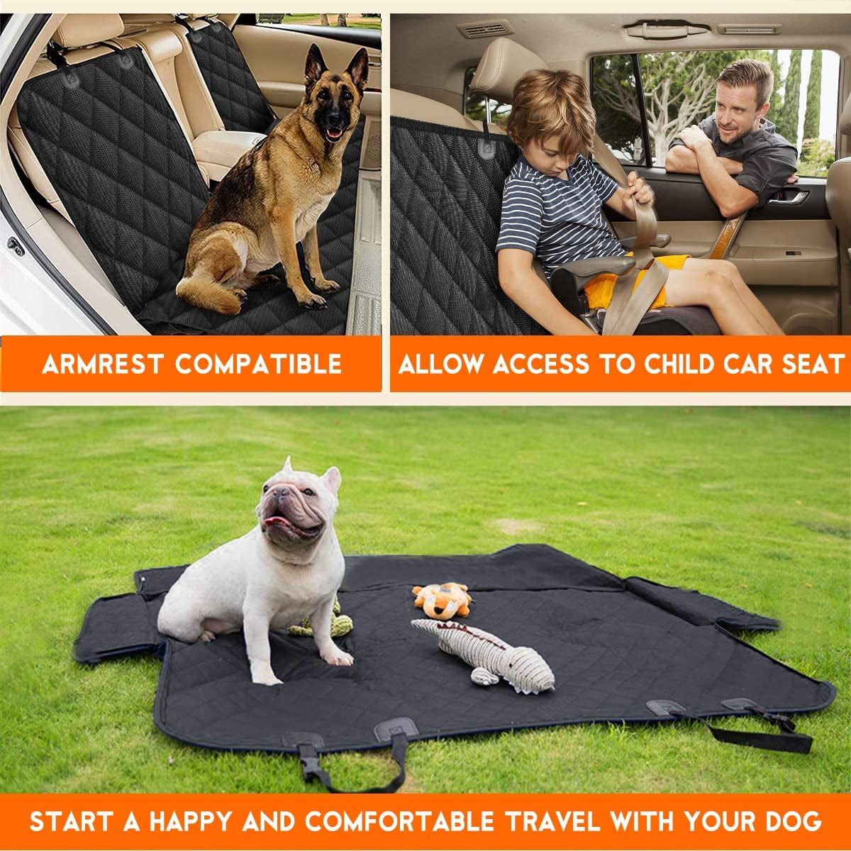 Premium Waterproof Dog Car Seat Cover - Non-Slip Back Seat Protector for Cars, Trucks & SUVs - Fits Middle Armrest - Black