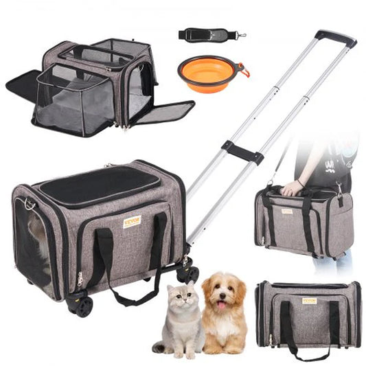 Cat Carrier with Wheels, Airline Approved Rolling Pet Carrier with Telescopic Handle and Shoulder Strap, Dog Carrier with Wheels for Pets under 25 Lbs, with 1 Folding Bowl, Grey