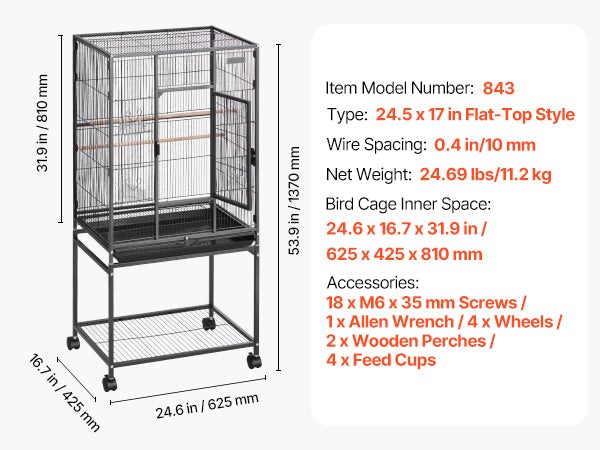 Spacious Wrought Iron Habitat with Rolling Stand for Parrots, Cockatiels & Small Birds