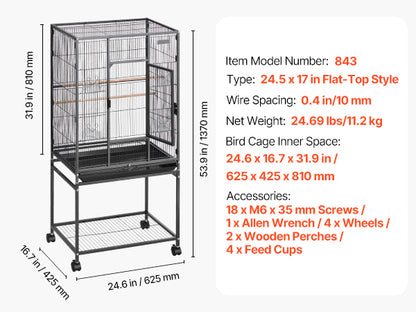 Spacious Wrought Iron Habitat with Rolling Stand for Parrots, Cockatiels & Small Birds