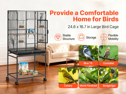 Spacious Wrought Iron Habitat with Rolling Stand for Parrots, Cockatiels & Small Birds