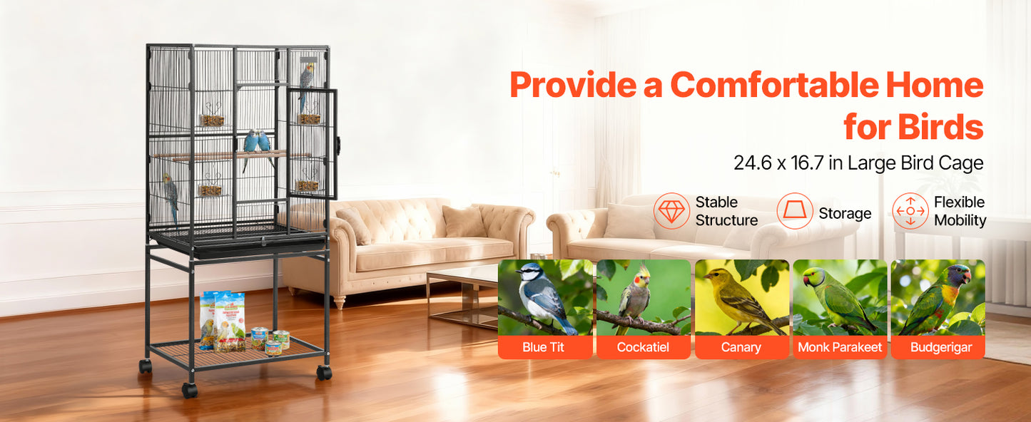 Spacious Wrought Iron Habitat with Rolling Stand for Parrots, Cockatiels & Small Birds