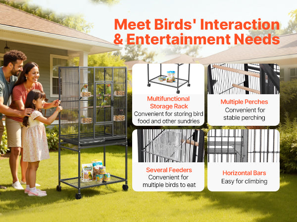 Spacious Wrought Iron Habitat with Rolling Stand for Parrots, Cockatiels & Small Birds