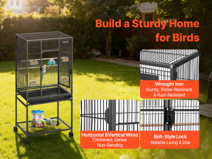 Spacious Wrought Iron Habitat with Rolling Stand for Parrots, Cockatiels & Small Birds