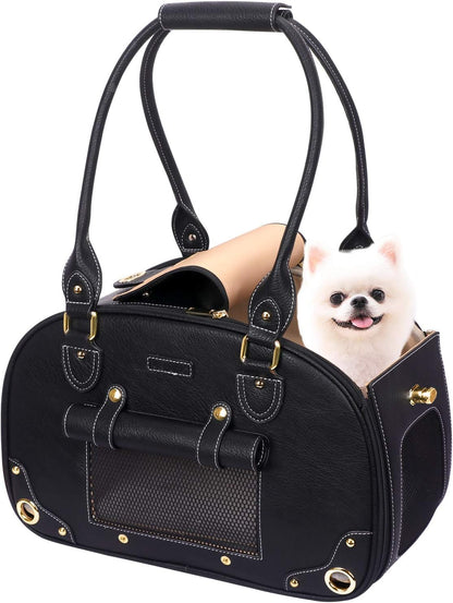 Stylish Foldable Dog Carrier Purse - Waterproof Premium PU Leather Pet Travel Bag for Cats & Small Dogs - Perfect for Home & Outdoor Use - Sleek Black Design