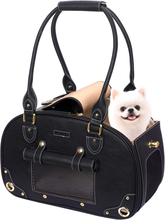 Stylish Foldable Dog Carrier Purse - Waterproof Premium PU Leather Pet Travel Bag for Cats & Small Dogs - Perfect for Home & Outdoor Use - Sleek Black Design